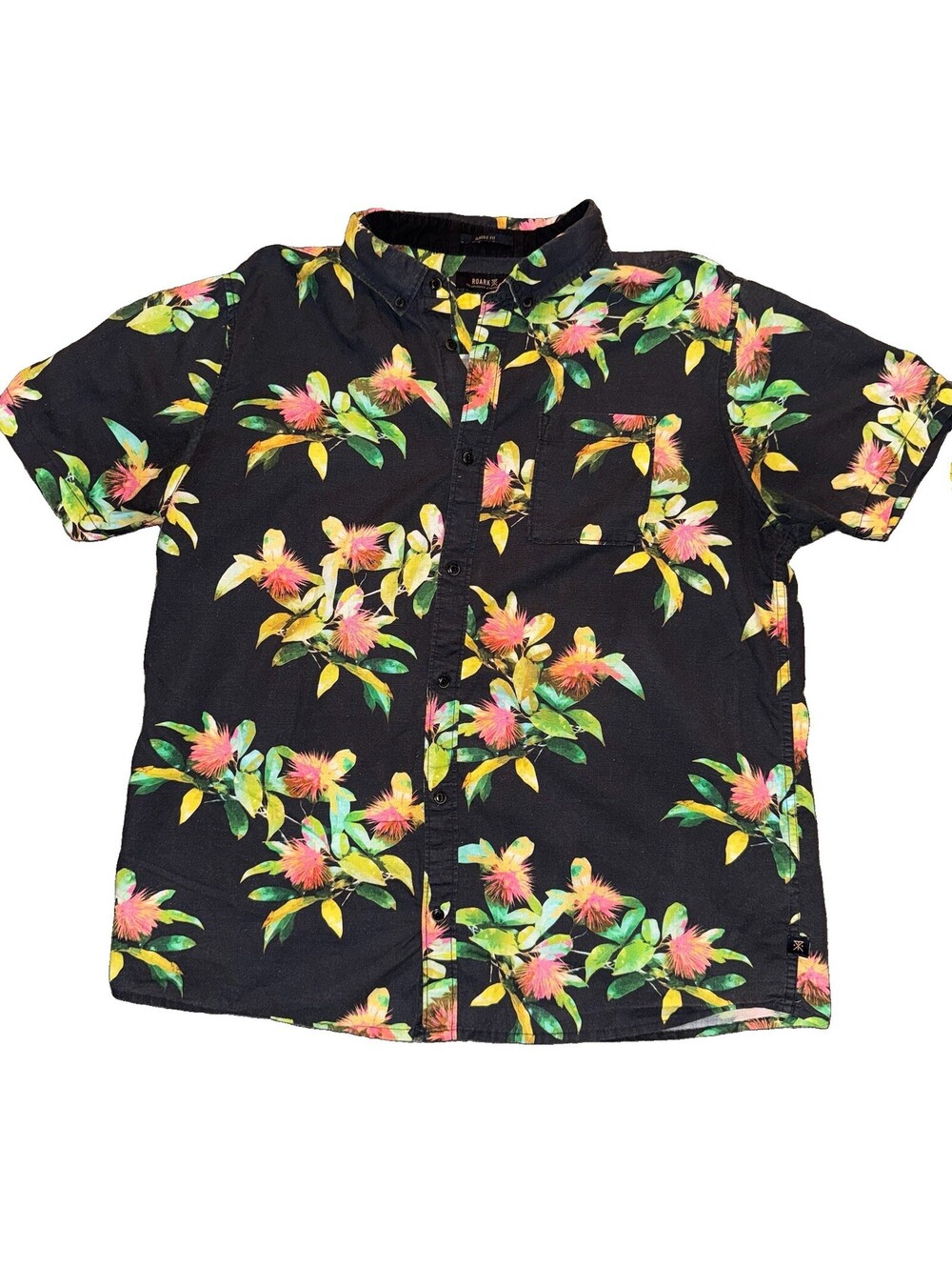 Roark Hawaiian Shirt Mens Sz XL Black Floral Button Down Organic Cotton/Linen